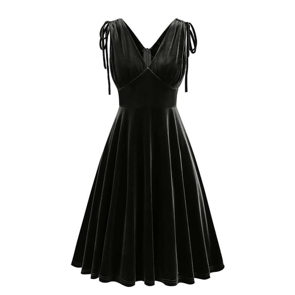 OSFVNOXV Velvet Dress for Women Tie Front Smocked Waistband Cute Bodycon Retro 1960s Pleated Swing Midi Dress