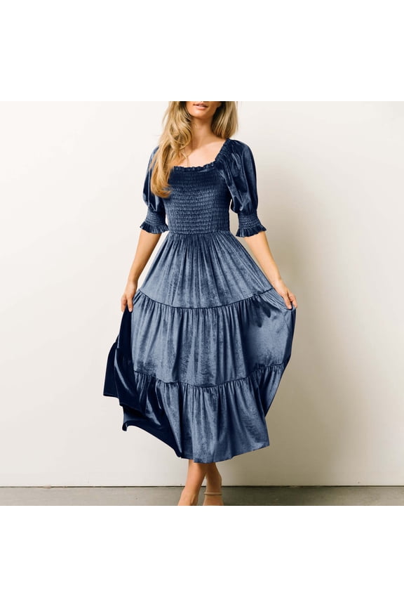 Velvet Maxi Dress for Women Fall Square Neck Princess Dress with Lantern Cuffs Smocked Tiered Ruffle A-Line Flowy Ball Gown Dress