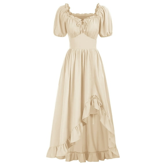 OSFVNOXV Vintage Dress for Women Square Neck Puff Sleeve Corset Maxi Dress Ruffle Hem Swing Dress for Gown Dance Tea Wedding Party