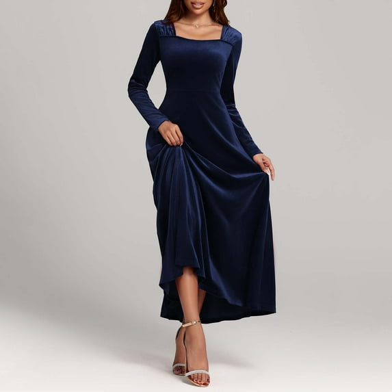OSFVNOXV Vintage Velvet Dress for women Long Sleeve Square Neck Maxi Flowy Dress for Wedding Guest Evening