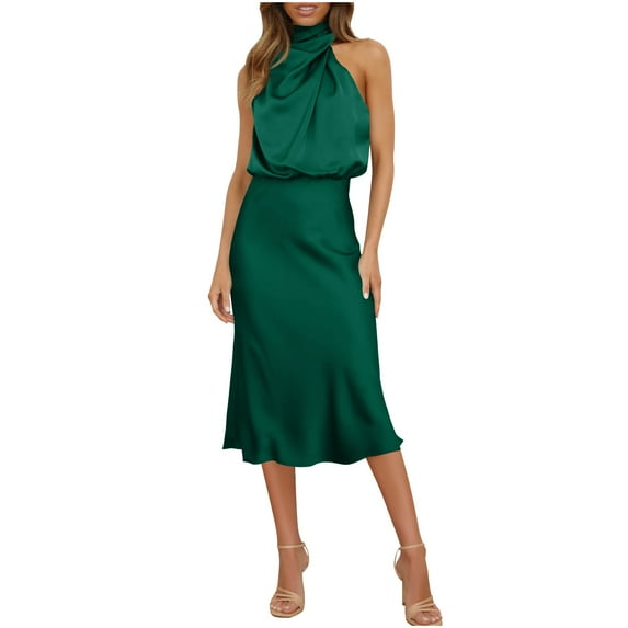 OSFVNOXV Wedding Guest Dresses for Women Summer Fall Satin Dress 2025 Sleeveless Mock Neck Cocktail Party Maxi Dresses