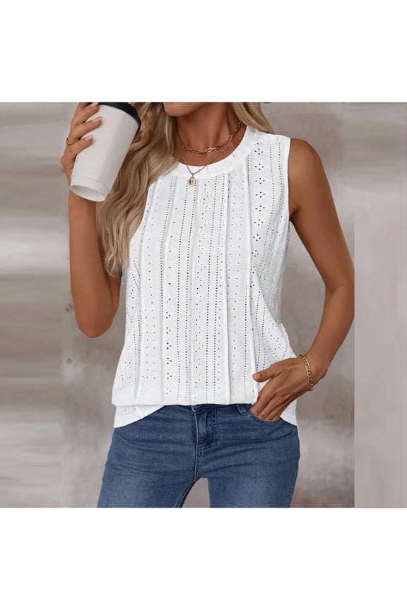 White Shirts for Women Boho Top Sleeveless Tank Eyelet Shirt Dressy Casual Pleated Tunic Tops 2026