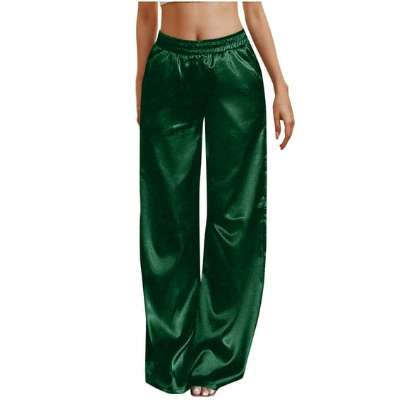 OSFVNOXV Wide Leg Pants for Women Long Satin Pant High Waist Loose Business Casual Work Pants Elastic Drawstring with Pockets