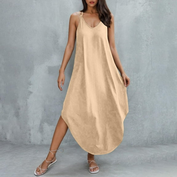 OSFVNOXV Women Summer Maxi Dress Casual V-Neck Sleeveless Boho Spaghetti Strap Flowy Long Sundress Halter Tie Back Beach Dresses