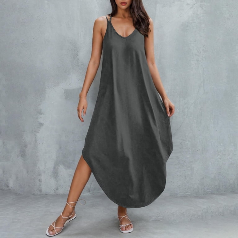 OSFVNOXV Women Summer Maxi Dress Casual V-Neck Sleeveless Boho Spaghetti Strap Flowy Long Sundress Halter Tie Back Beach Dresses