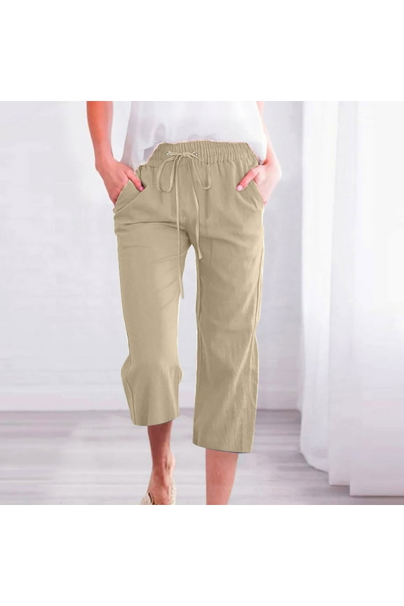 Women's 7/8 Length Linen Blend Pants - Drawstring Waist Slim Fit Casual Lounge Pants with Side Pockets for Loungewear Workwear Mothers Day Gifts Bulk