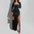 thumbnail image 1 of OSFVNOXV Women's Cocktail Dress High Waist Bodycon Square Neck Long Sleeve High Split Ruched Midi Wedding Party Dress, 1 of 8