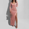 thumbnail image 1 of OSFVNOXV Women's Cocktail Dress High Waist Bodycon Square Neck Long Sleeve High Split Ruched Midi Wedding Party Dress, 1 of 8