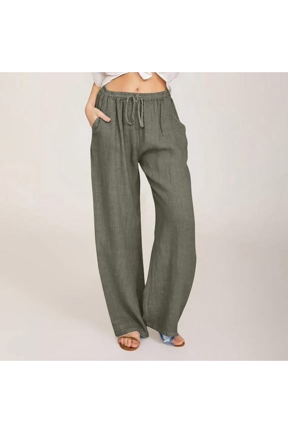 Women's Cotton Linen Casual Pants - Breathable Solid Color Drawstring Waist Wide Leg Long Trouser with Pockets