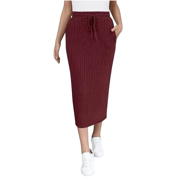 OSFVNOXV Women's Ribbed Knit Midi Skirt, Versatile Casual Solid Elastic Waist Drawstring Bodycon Skirts with Pockets
