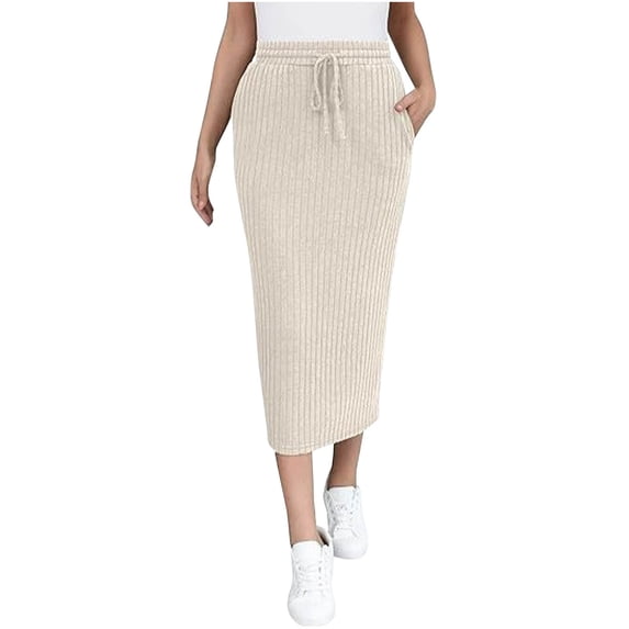 OSFVNOXV Women's Ribbed Knit Midi Skirt, Versatile Casual Solid Elastic Waist Drawstring Bodycon Skirts with Pockets