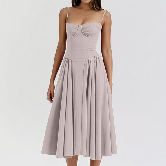 OSFVNOXV Women's Vintage Corset Dress Spaghetti Strap A-Line Midi Dress Elegant Cocktail Party Evening Dresses