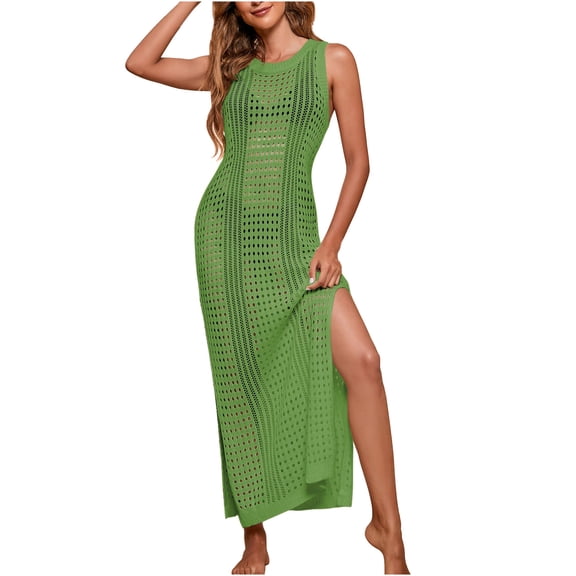 OSFVNOXV Womens Beach Cover Up Long Dress Crochet Mesh Sheer High Split Sleeveless Tank Slim Fit Crewneck Pullover Tops