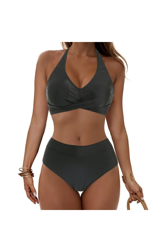 Womens Bikini Sets 2-Piece Halter Swimsuit Twist Cross Ruched Color Blocked Deep V-Neck Push Up Bra and Hipster Swimwear Bottom for Bathing Suit