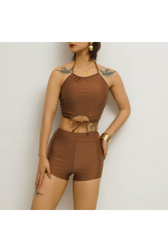 Womens Bikini Swimsuits 2 Piece Bathing Suits Quick Drying Halter Neck Long Tank Bra Soft Padded Crop Top with Tankini Bottom Boy Shorts Mothers Day Gifts Bulk