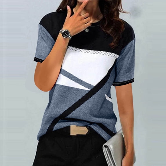OSFVNOXV Womens Business Tops Casual Graphic T-Shirts Color Blocked Slim Fit Short Sleeve Crewneck Pullover Shirts