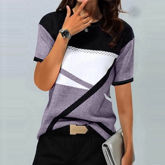 OSFVNOXV Womens Business Tops Casual Graphic T-Shirts Color Blocked Slim Fit Short Sleeve Crewneck Pullover Shirts