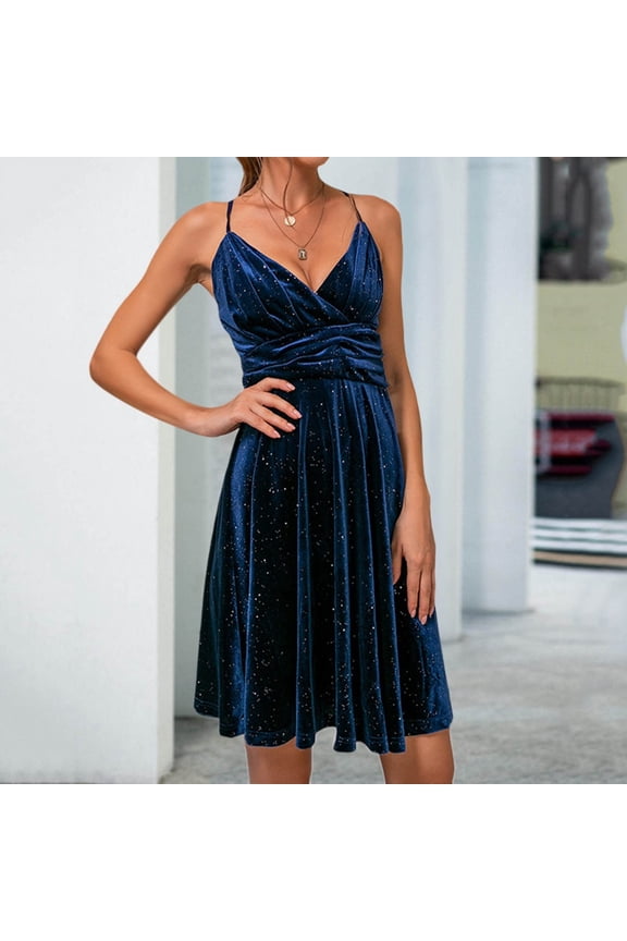 Womens Cocktail Dress Navy Velvet Ruffle V-Neck Midi Dress Spaghetti Strap Backless Party A Line Dress