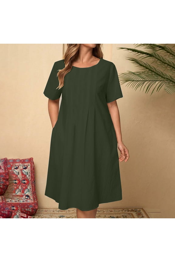 Womens Cotton Linen Mini Dress Summer Casual Boho Pleated Dress Solid Color Short Sleeve Crew Neck Knee Length Flowy Beach Sundresses