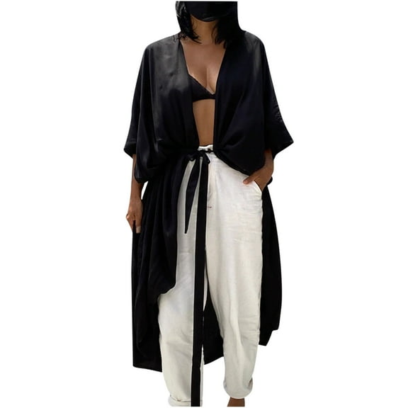 OSFVNOXV Womens Cover Ups Bathing Suit Loose Fit Long Cardigan Casual Solid Color Belted Half Sleeve Open Front Beachwear Swimwear