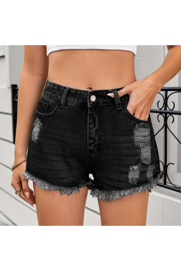 Womens Denim Shorts Vintage Distressed Ripped Hem Jean Shorts Stretchy Straight Leg Bottom