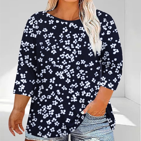 OSFVNOXV Womens Graphic T-Shirts 3/4 Sleeve Plus Size Summer Tops Vintage Floral Print Crewneck Loose Fit Pull-On Shirt ,L-5XL