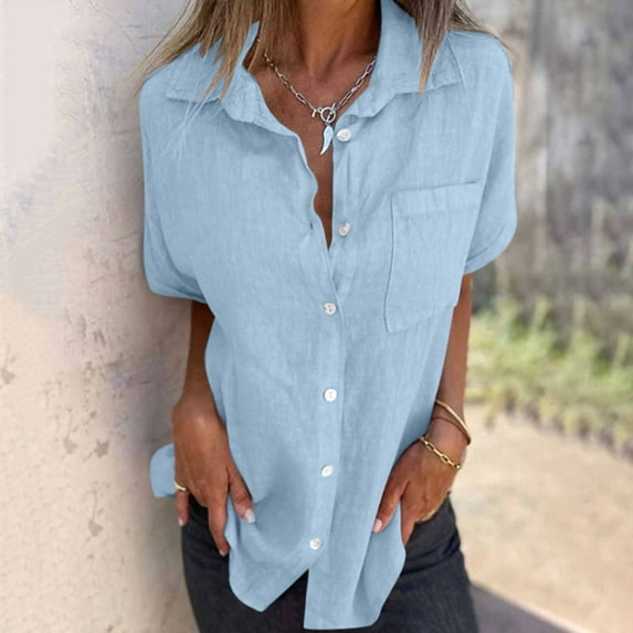 OSFVNOXV Womens Linen Button Down Shirts,Summer Casual Lightweight Blouse,Short Sleeve V-Neck Top with Pockets