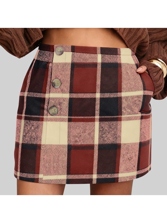 Womens Plaid Skirts Trendy Vintage High Waisted Kilt Skirts Y2K Casual A-Line Short Mini Skirts for Office with Pockets