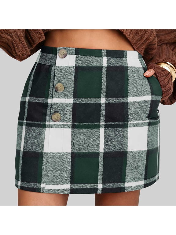Womens Plaid Skirts Trendy Vintage High Waisted Kilt Skirts Y2K Casual A-Line Short Mini Skirts for Office with Pockets