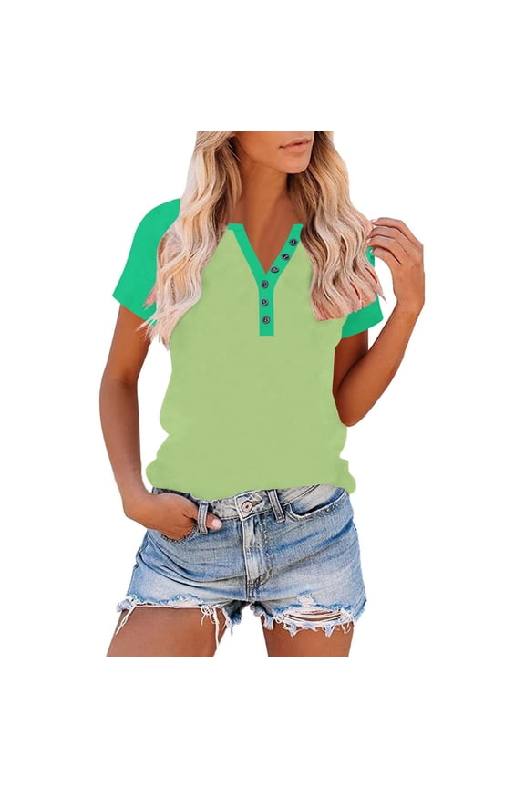 Womens Raglan T-Shirts Summer Pajama Top Color Blocked Dressy Buttons Up V-Neck Pullover Blouse