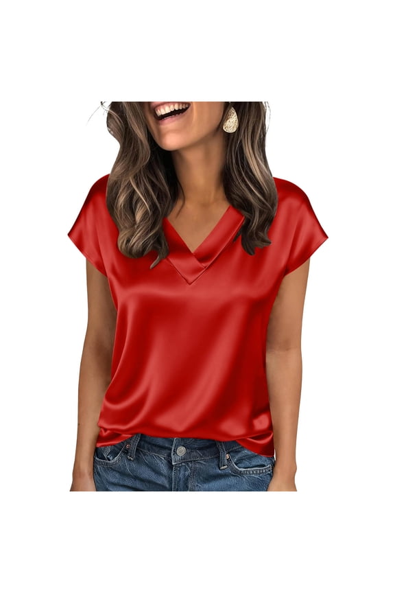 Womens Satin Tops Dressy Silky V-Neck Cap Sleeves Slim Fit Pullover Tunic Shirts