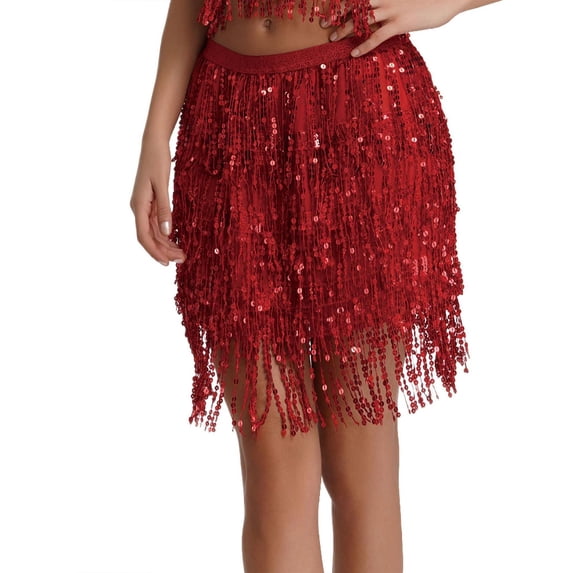 OSFVNOXV Womens Sequin Skirts High Waist Glitter Sparkly Elastic Waistband Mini Skirts with Tassels for Party Performance