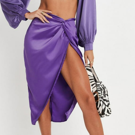 OSFVNOXV Womens Skirts 2025 Split Thigh Front Satin Skirt High Waist Ruched Zip Back Wrap Midi Skirt