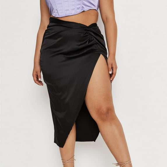 OSFVNOXV Womens Skirts 2025 Split Thigh Front Satin Skirt High Waist Ruched Zip Back Wrap Midi Skirt