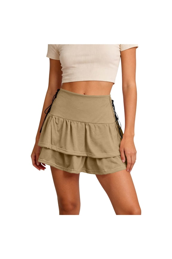 Womens Skirts Summer Casual High Waisted A-Line Layered Vintage Ruffle Short Boho Flutter Skirts