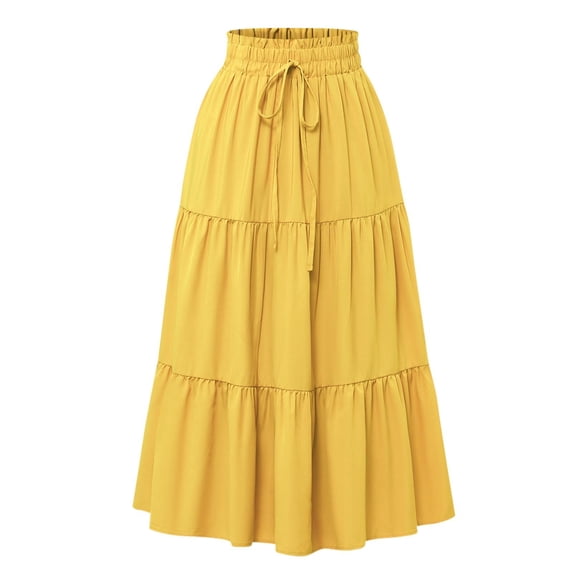 OSFVNOXV Womens Summer Boho High Smocked Waist Tiered Ruffle Tie Front A-Line Flowy Maxi Skirts