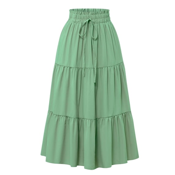 OSFVNOXV Womens Summer Boho High Smocked Waist Tiered Ruffle Tie Front A-Line Flowy Maxi Skirts