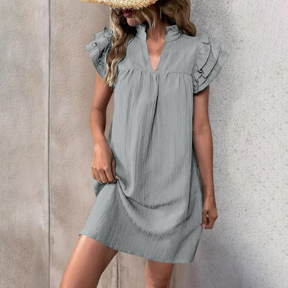 OSFVNOXV Womens Summer Dresses 2025 Ruffle Cap Short Sleeve V Neck Mini Dress Casual Loose Solid Flowy Cute A Line Sundress