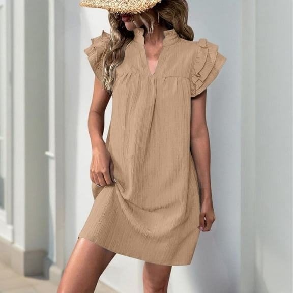 OSFVNOXV Womens Summer Dresses 2025 Ruffle Cap Short Sleeve V Neck Mini Dress Casual Loose Solid Flowy Cute A Line Sundress