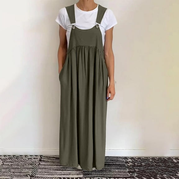 OSFVNOXV Womens Summer Romper Maxi Dress Loose Fit Solid Color Overalls Flowy Lounge Jumpsuit Dress Streetwear Outfits with Pockets