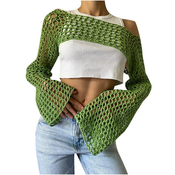 OSFVNOXV Womens Swimsuit Cover Up ,Summer Casual Crochet Tube Top Y2K Long Sleeve See Sheer Crewneck Knit Shirts