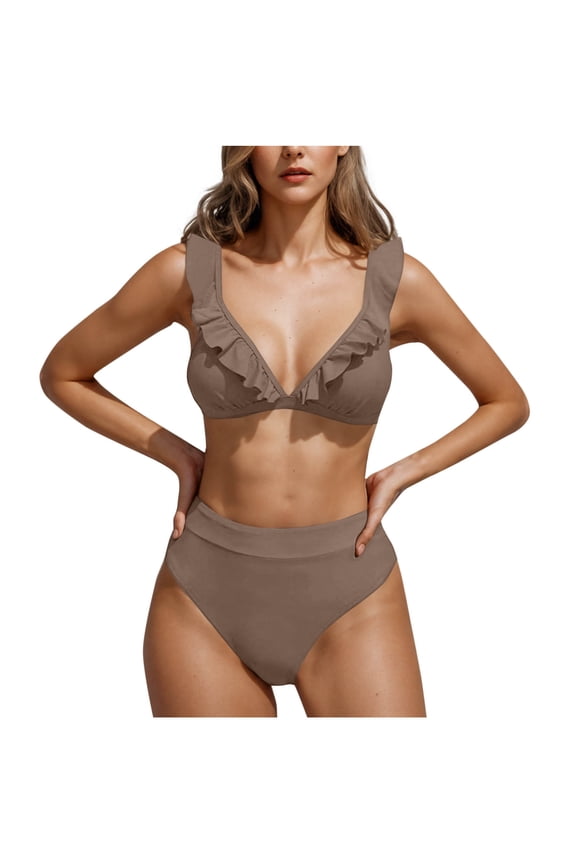 Womens Swimsuit Two-Piece Bathing Suit Ruffle Backless Deep V-Neck High Waisted Bikini Bottom