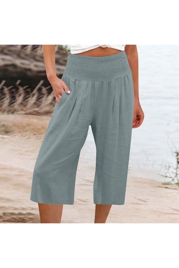 Yoga Pants with Pockets for Women,Cotton Linen Capri for Women Plus Size Comfortable Ruched Waist Slim Fit Stretch Straight Leg Cropped Pants
