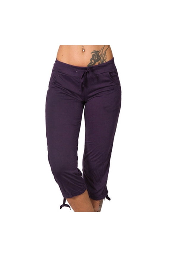 Yoga Pants for Women Plus Size Capri,Summer Lightweight Slim Fit Solid Color Workout Pants,Mid Rise Joggers with Drawstring Pockets