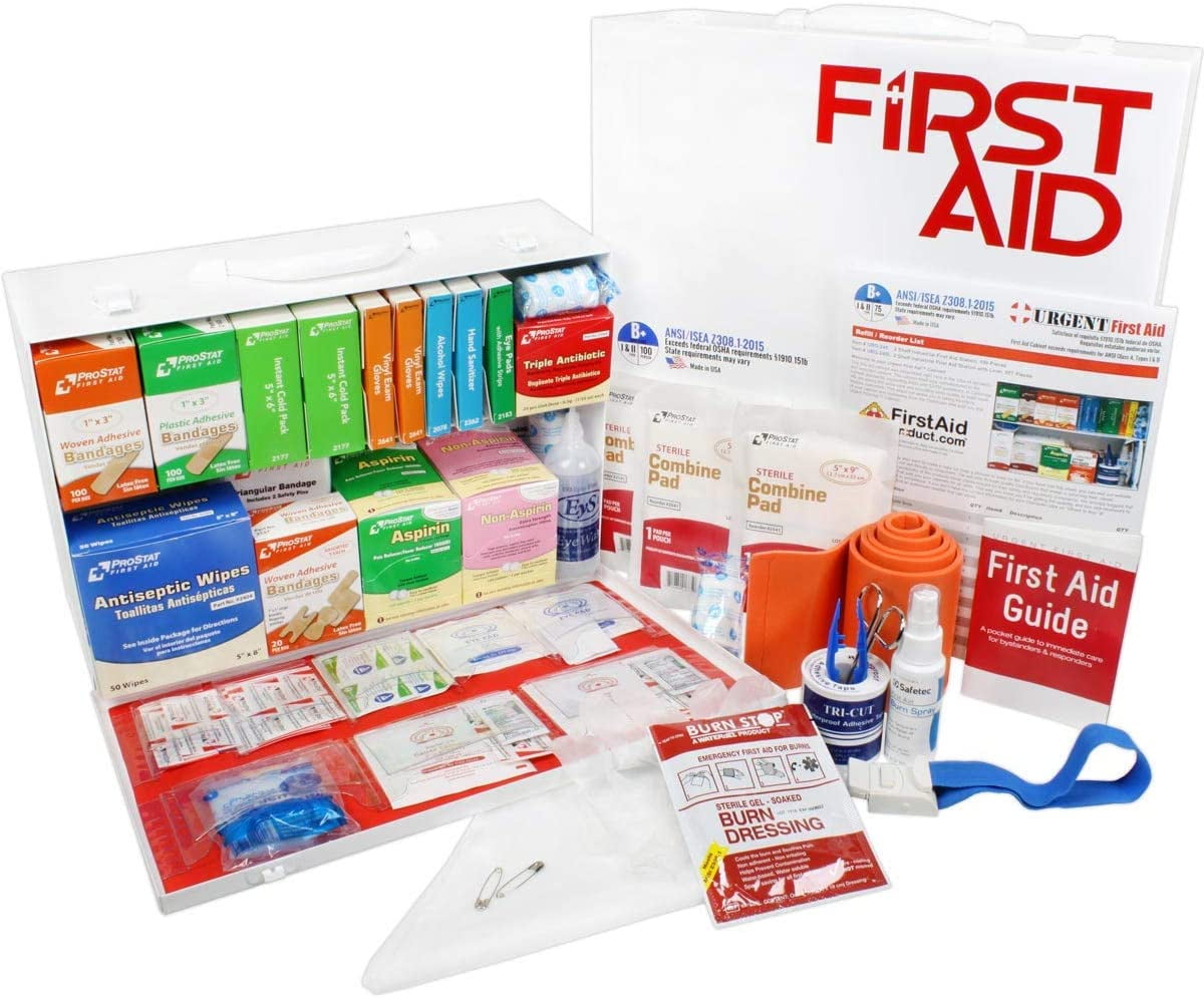 OSHA & ANSI 2 Shelf Industrial First Aid Cabinet with Pocket Liner, 75 Person, 562 Pieces, 2015 Class B+, Types I & II, Made in USA by Urgent First Aid™ with extra content & NEW ANSI First Aid Guide