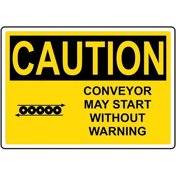 OSHA CAUTION Conveyor May Start Without Warning Sign With Symbol - 8"x12" Safety Metal Tin Sign, Factory Conveyor, Safety Alert