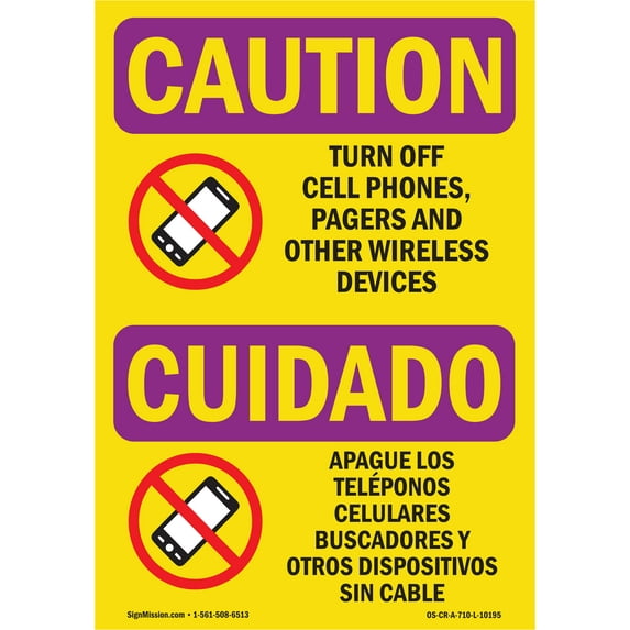 OSHA CAUTION RADIATION Sign - Turn Off Cell Phones Bilingual | Plastic Sign | Protect Your Business, Work Site, Warehouse & Shop Area | Made in the USA