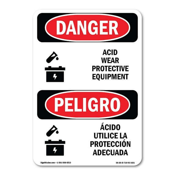 OSHA Danger Sign - Acid Wear Protective Equipment Bilingual | Decal | Protect Your Business, Construction Site, Shop Area | Made in The USA