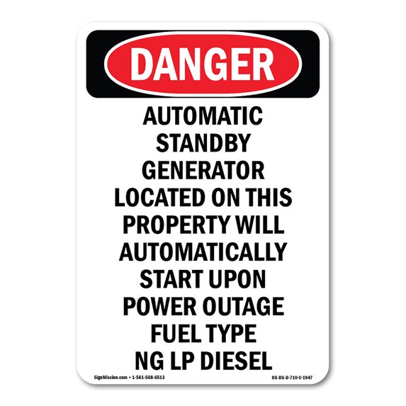 OSHA Danger Sign - Automatic Standby Generator Located | Decal | Protect Your Business, Construction Site, Warehouse & Shop Area | Made in The USA
