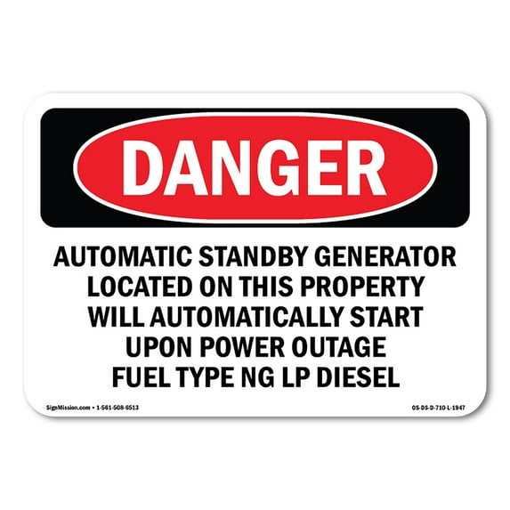 OSHA Danger Sign - Automatic Standby Generator Located On This | Plastic Sign | Protect Your Business, Construction Site, Shop Area | Made in The USA